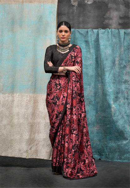 Deep Red Kernia's Printed Pure Silk Crepe Saree