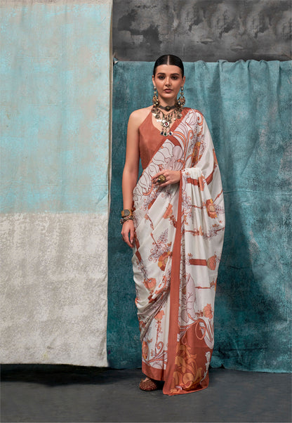 off white Kernia's Printed Pure Silk Crepe Saree