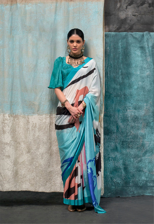 Teal blue and white Kernia's Printed Pure Silk Crepe Saree