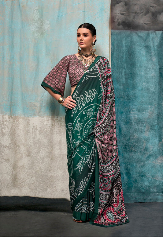 Dark Green Kernia's Printed Pure Silk Crepe Saree
