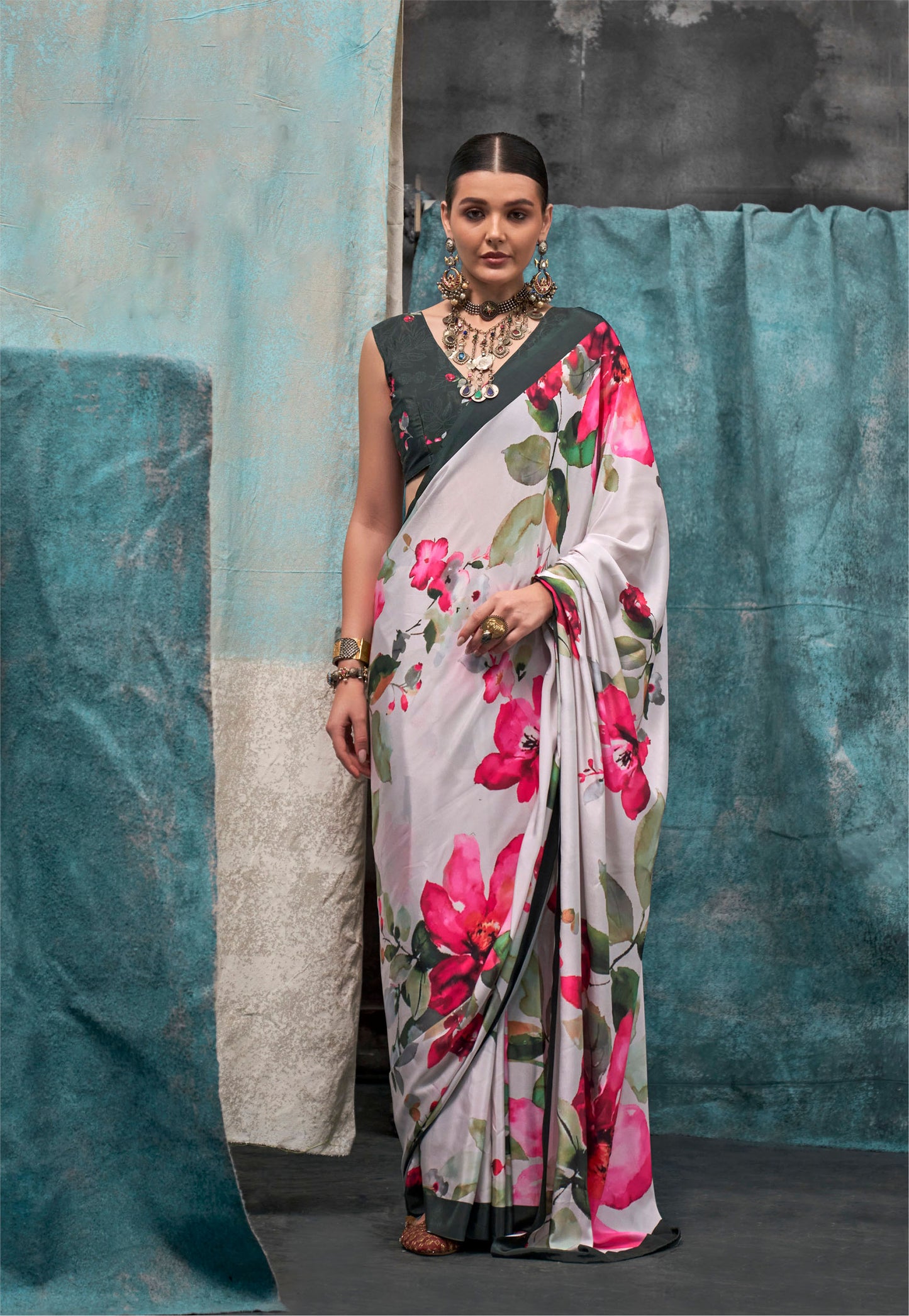 White Kernia's Printed Pure Silk Crepe Saree