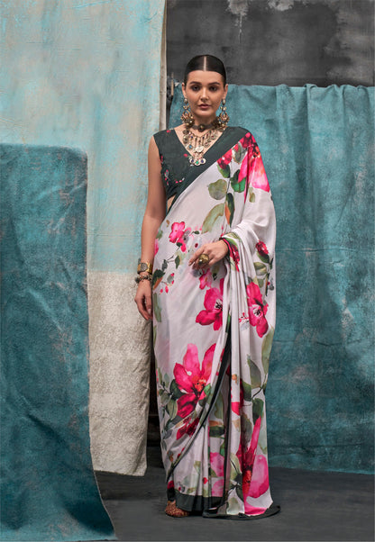White Kernia's Printed Pure Silk Crepe Saree