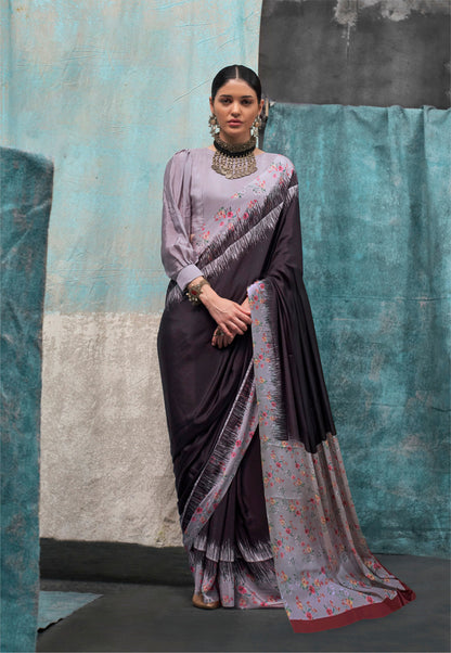 Charcoal Black Kernia's Printed Pure Silk Crepe Saree