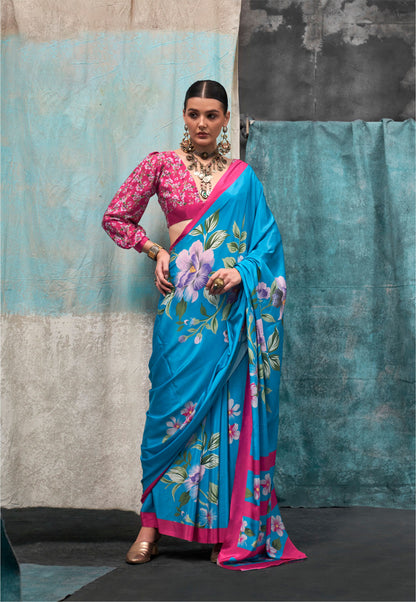 Bright Blue Kernia's Printed Pure Silk Crepe Saree