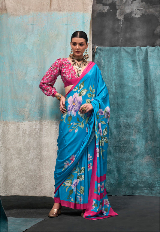 Bright Blue Kernia's Printed Pure Silk Crepe Saree