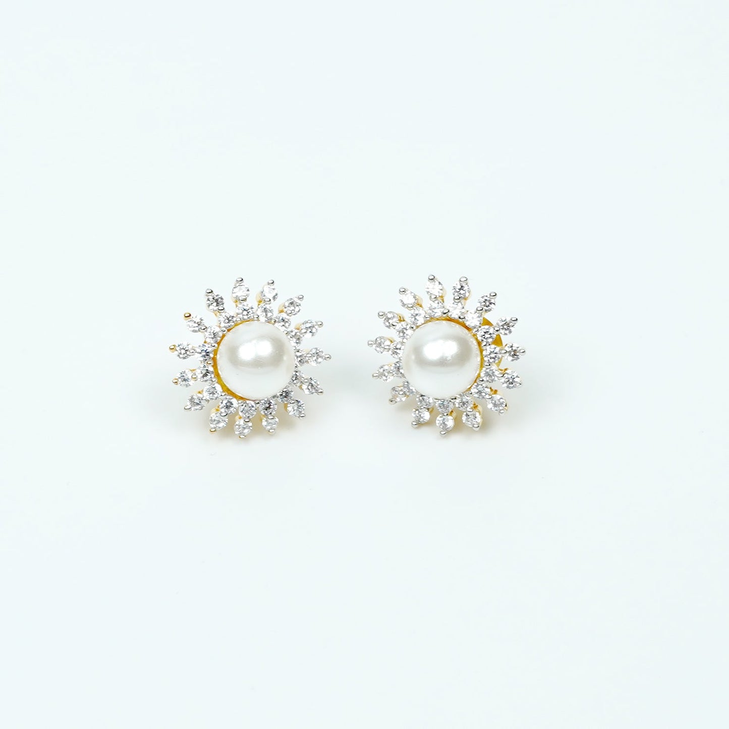 Zevar Club Rhodium-Plated White Pearl & Cubic Zirconia Floral Stud Earrings in Gold Tone