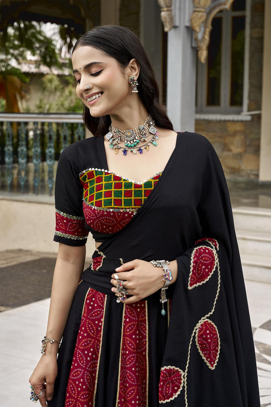 Black Ajrakh Printed Gota Patti & Mirror Work Navratri Lehenga Set