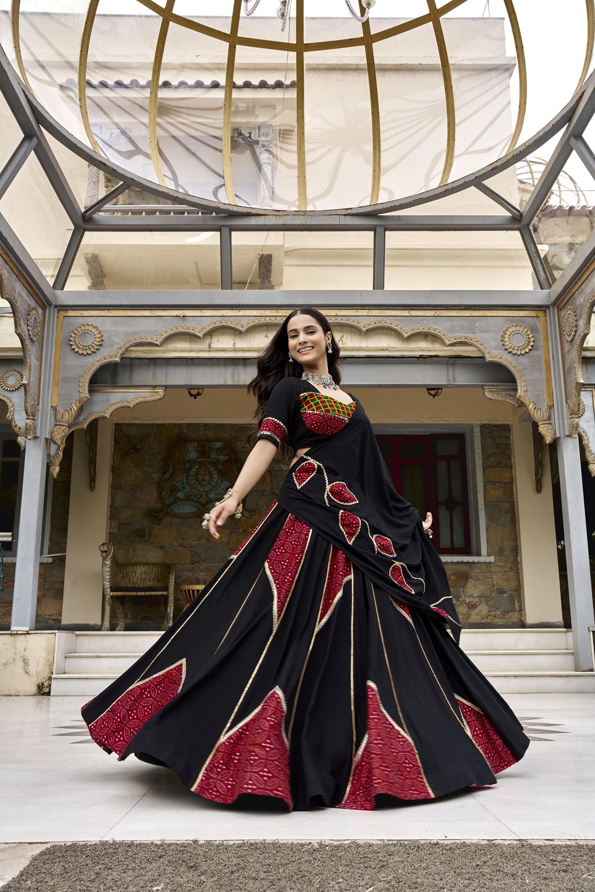 Black Ajrakh Printed Gota Patti & Mirror Work Navratri Lehenga Set