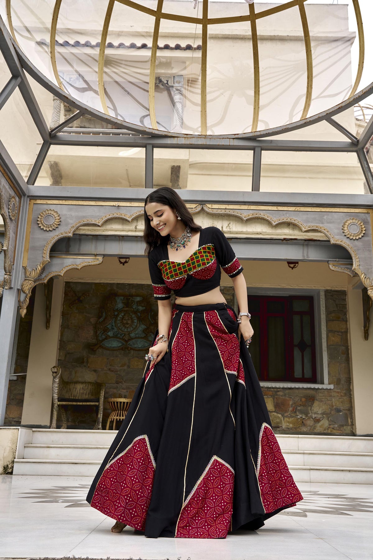 Black Ajrakh Printed Gota Patti & Mirror Work Navratri Lehenga Set