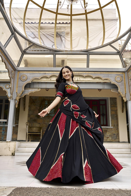 Black Ajrakh Printed Gota Patti & Mirror Work Navratri Lehenga Set