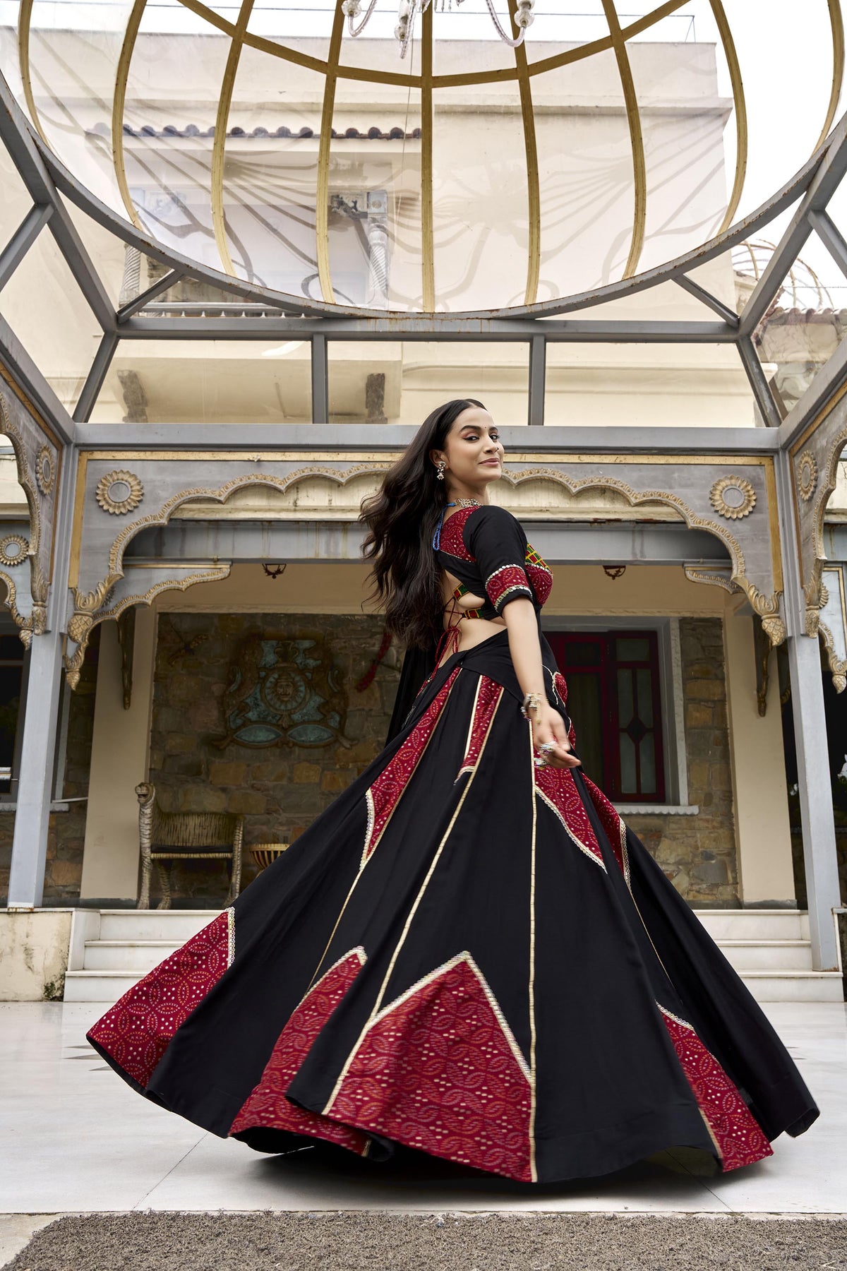 Black Ajrakh Printed Gota Patti & Mirror Work Navratri Lehenga Set