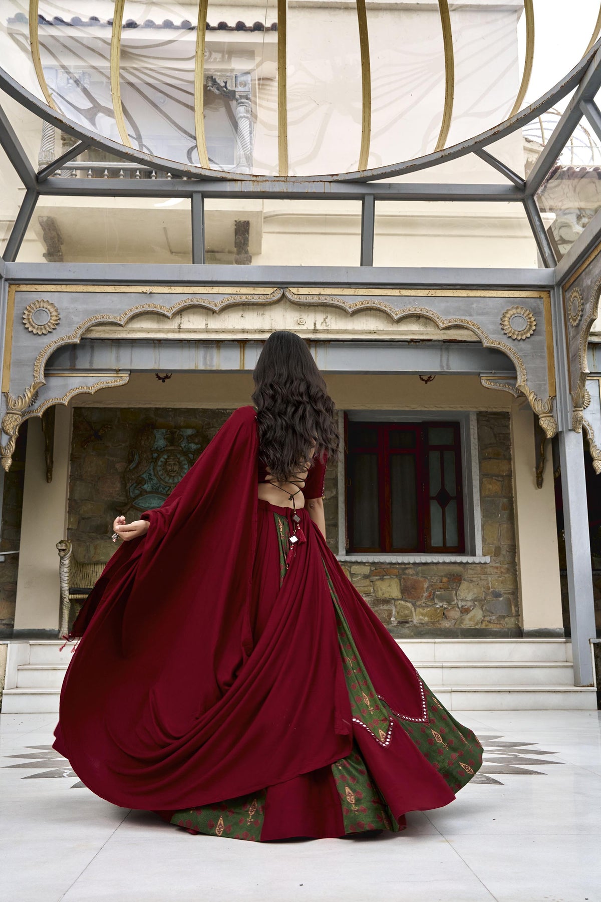Maroon Ajrakh Printed Gota Patti & Mirror Work Navratri Chaniya Choli