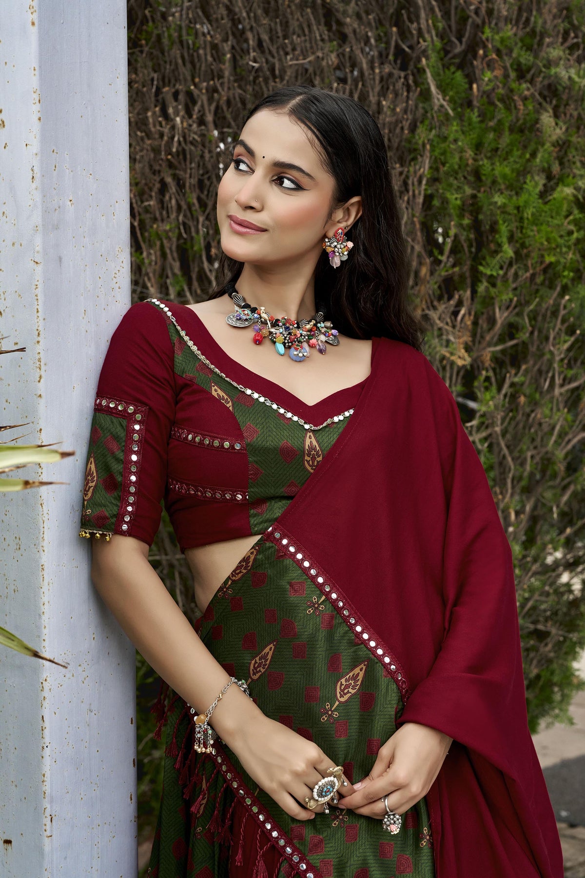 Maroon Ajrakh Printed Gota Patti & Mirror Work Navratri Chaniya Choli
