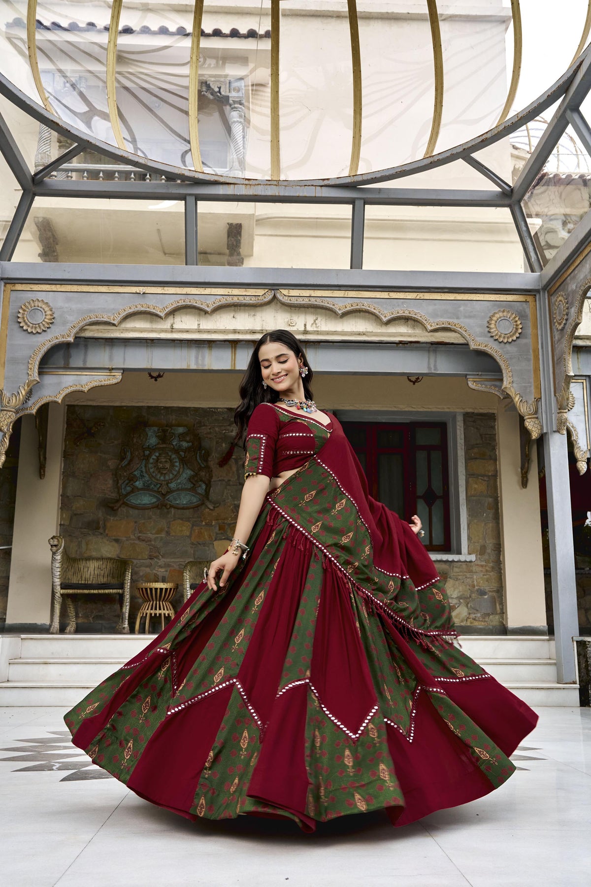 Maroon Ajrakh Printed Gota Patti & Mirror Work Navratri Chaniya Choli