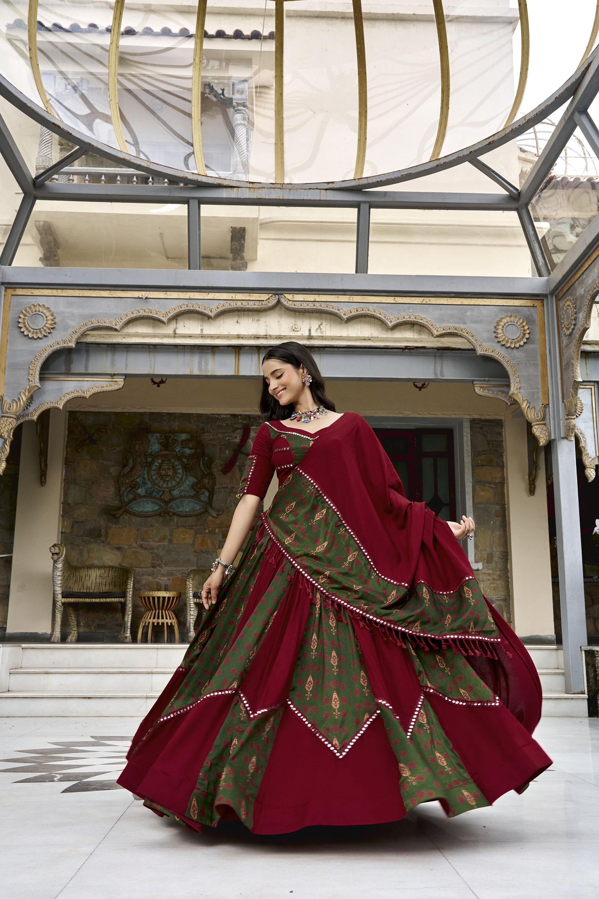 Maroon Ajrakh Printed Gota Patti & Mirror Work Navratri Chaniya Choli