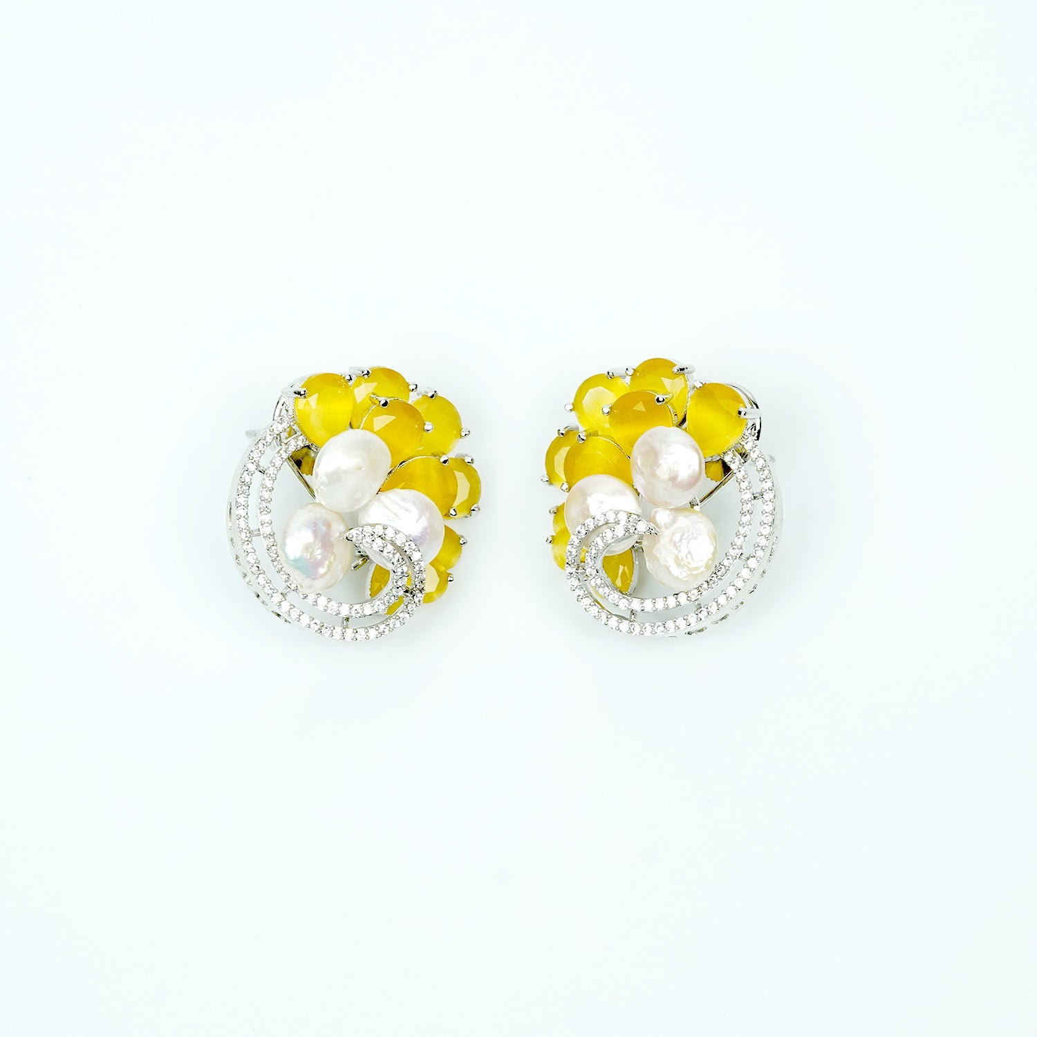 Zevar Club Rhodium-Plated Handcrafted Glossy Baroque Pearl & Yellow Crystal Cubic Zirconia Stud Earrings