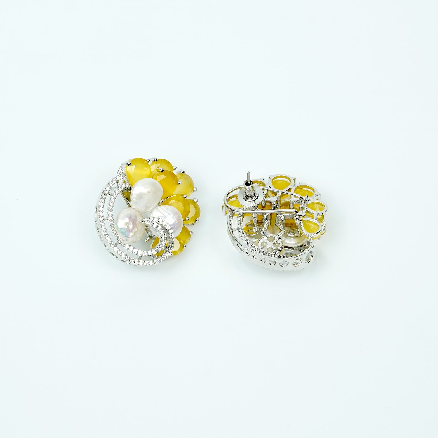 Zevar Club Rhodium-Plated Handcrafted Glossy Baroque Pearl & Yellow Crystal Cubic Zirconia Stud Earrings