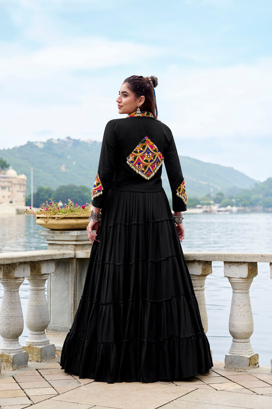 Black Rayon Mirror Gamthi Work Navratri Lehenga Choli