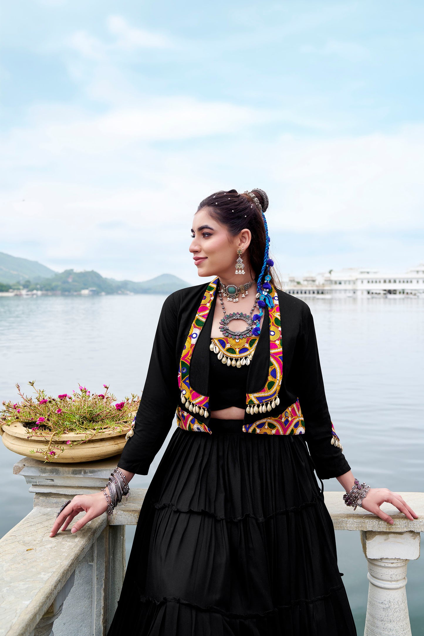 Black Rayon Mirror Gamthi Work Navratri Lehenga Choli