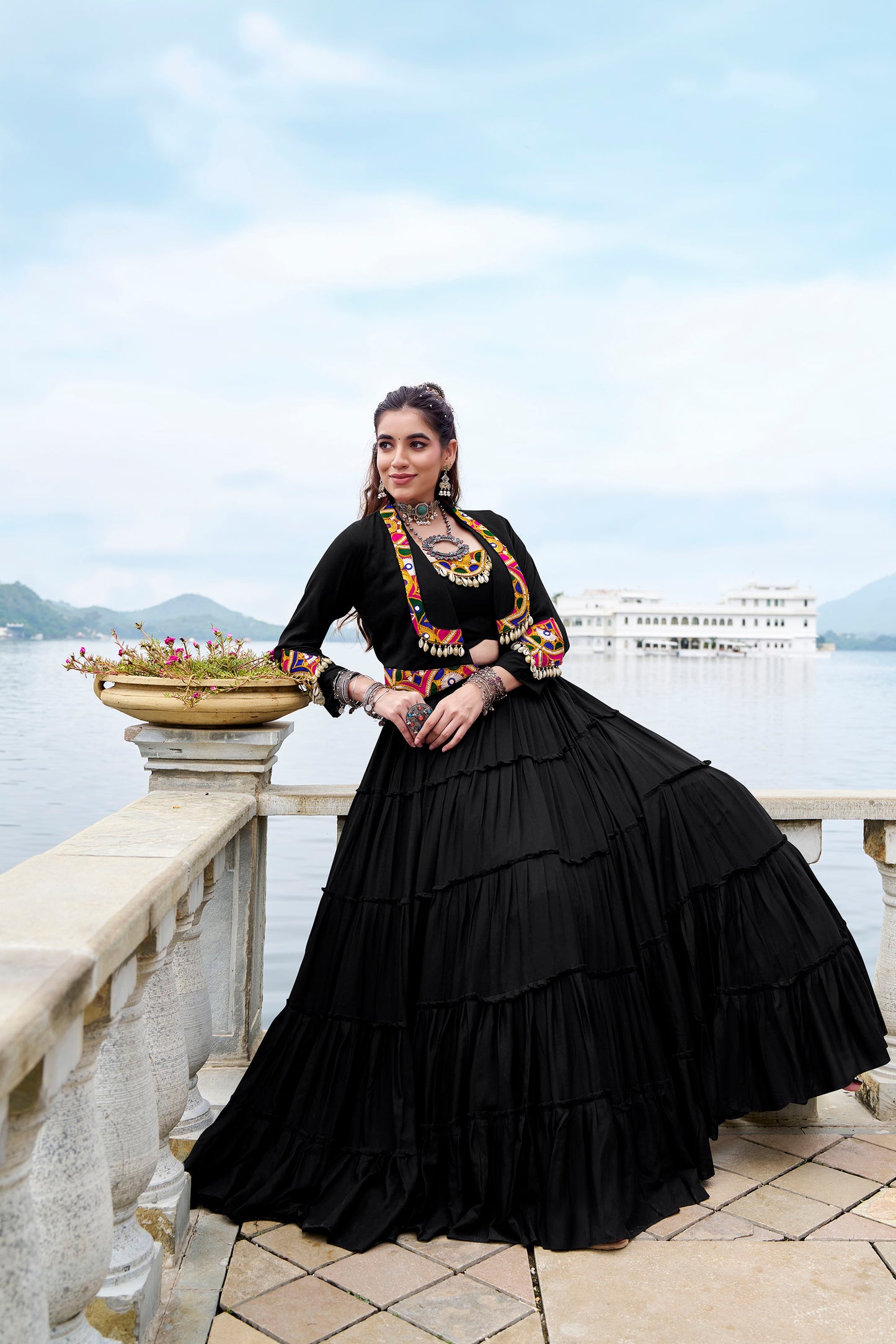 Black Rayon Mirror Gamthi Work Navratri Lehenga Choli