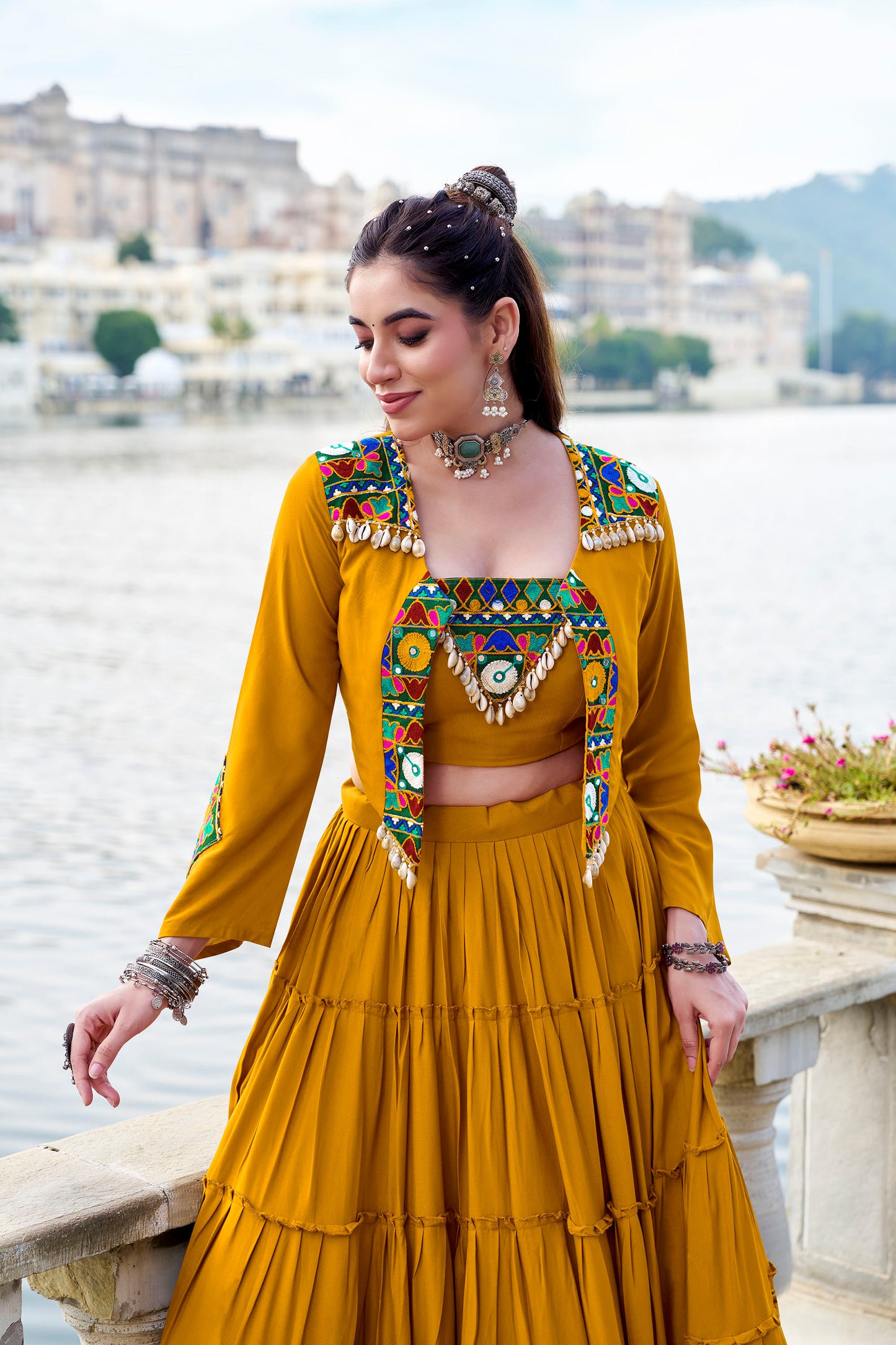 Mustard Rayon Mirror Gamthi Work Navratri Lehenga Choli