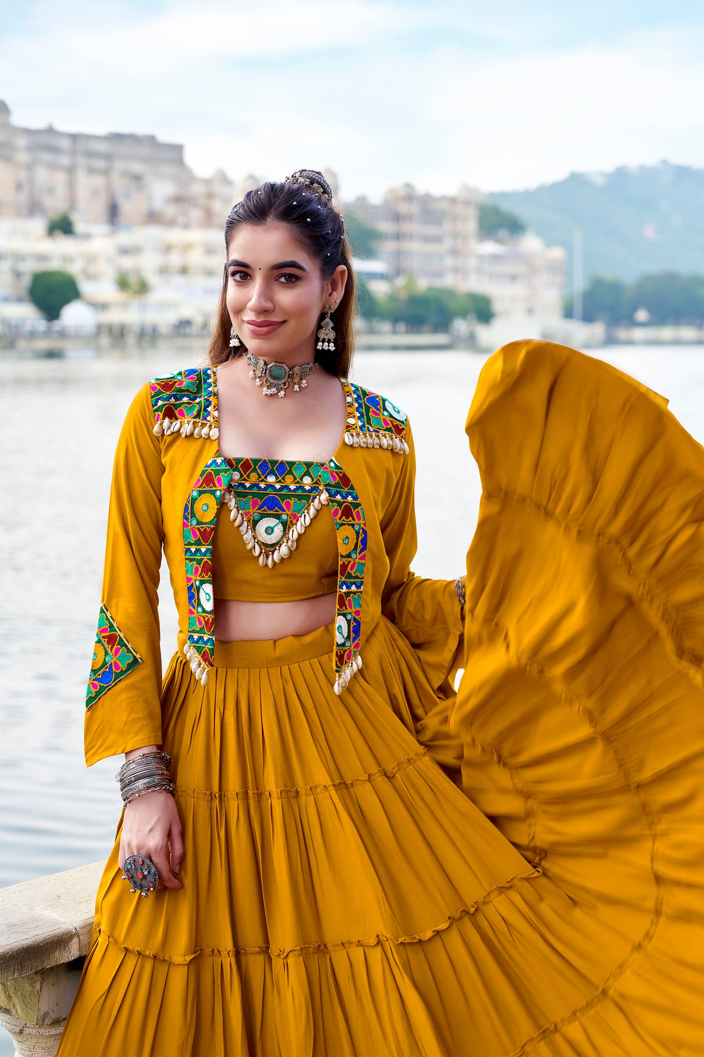 Mustard Rayon Mirror Gamthi Work Navratri Lehenga Choli