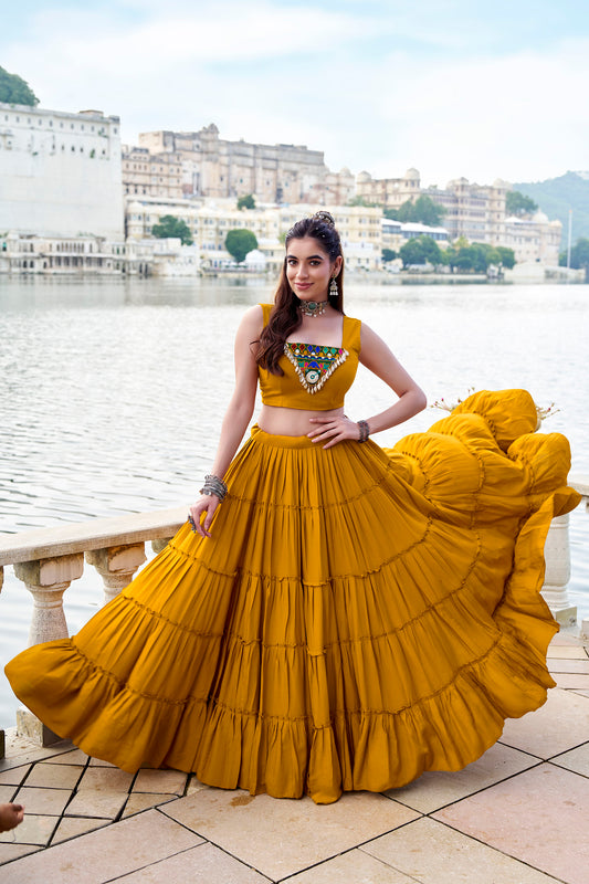 Mustard Rayon Mirror Gamthi Work Navratri Lehenga Choli