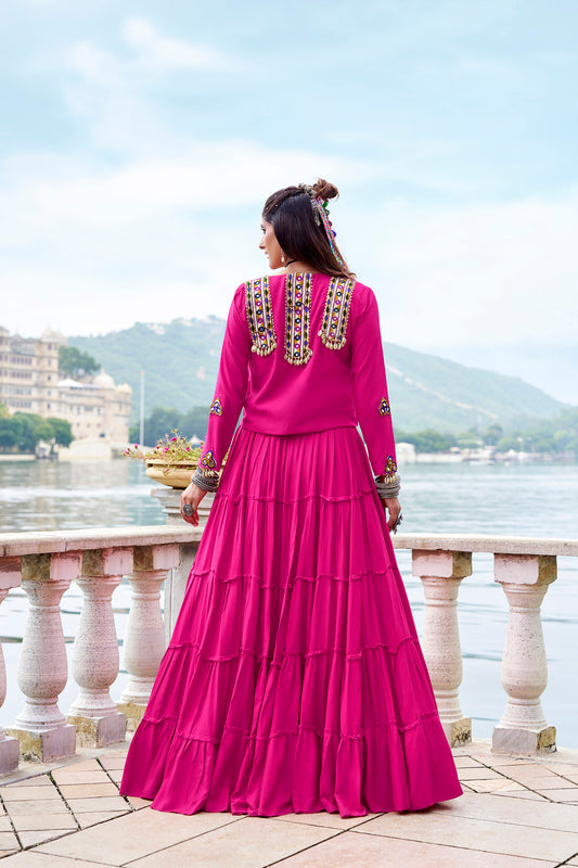 Pink Rayon Mirror Gamthi Work Navratri Lehenga Choli