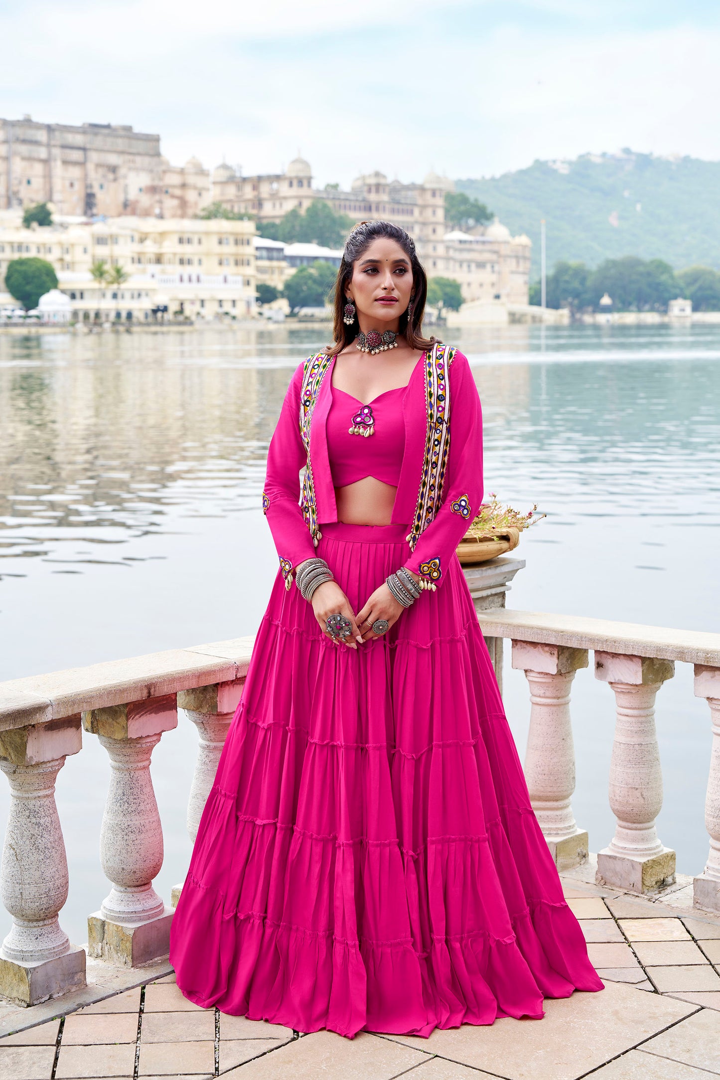 Pink Rayon Mirror Gamthi Work Navratri Lehenga Choli