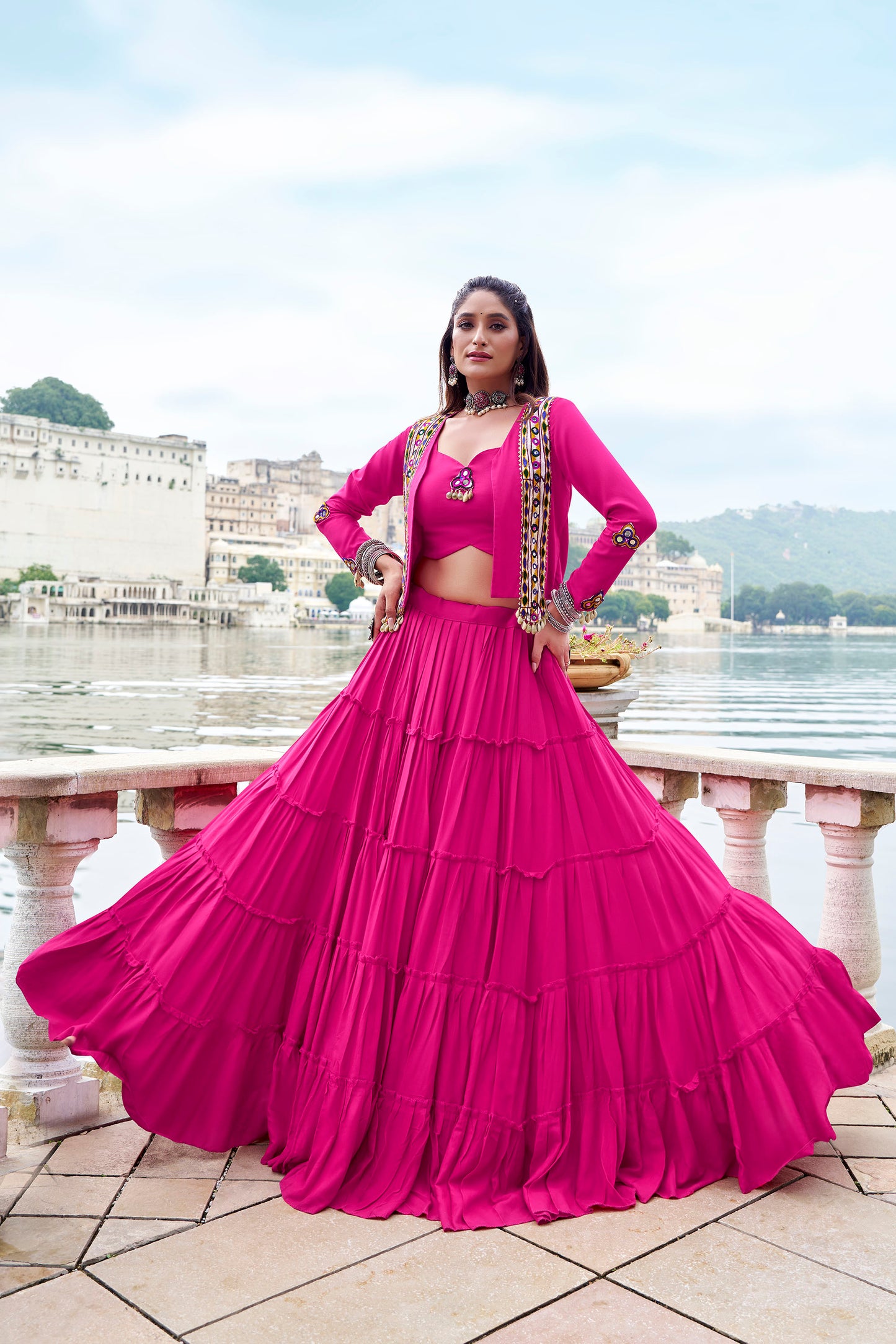 Pink Rayon Mirror Gamthi Work Navratri Lehenga Choli
