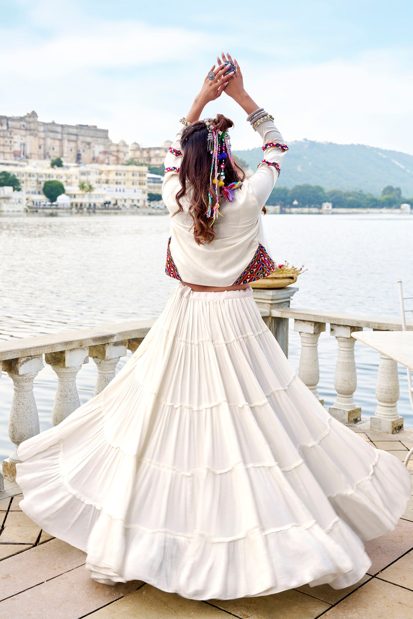 White Rayon Mirror Gamthi Work Navratri Lehenga Choli