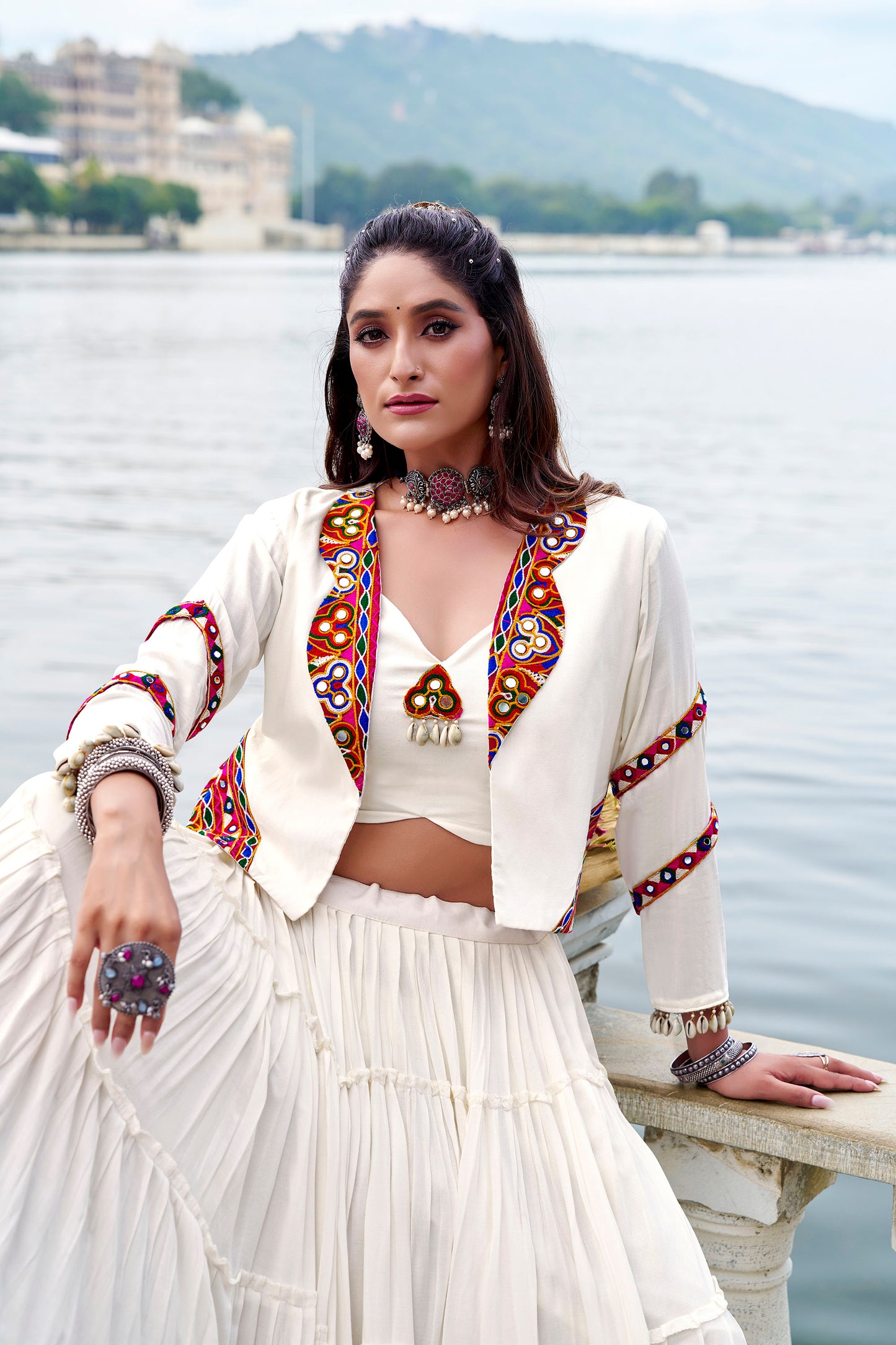 White Rayon Mirror Gamthi Work Navratri Lehenga Choli