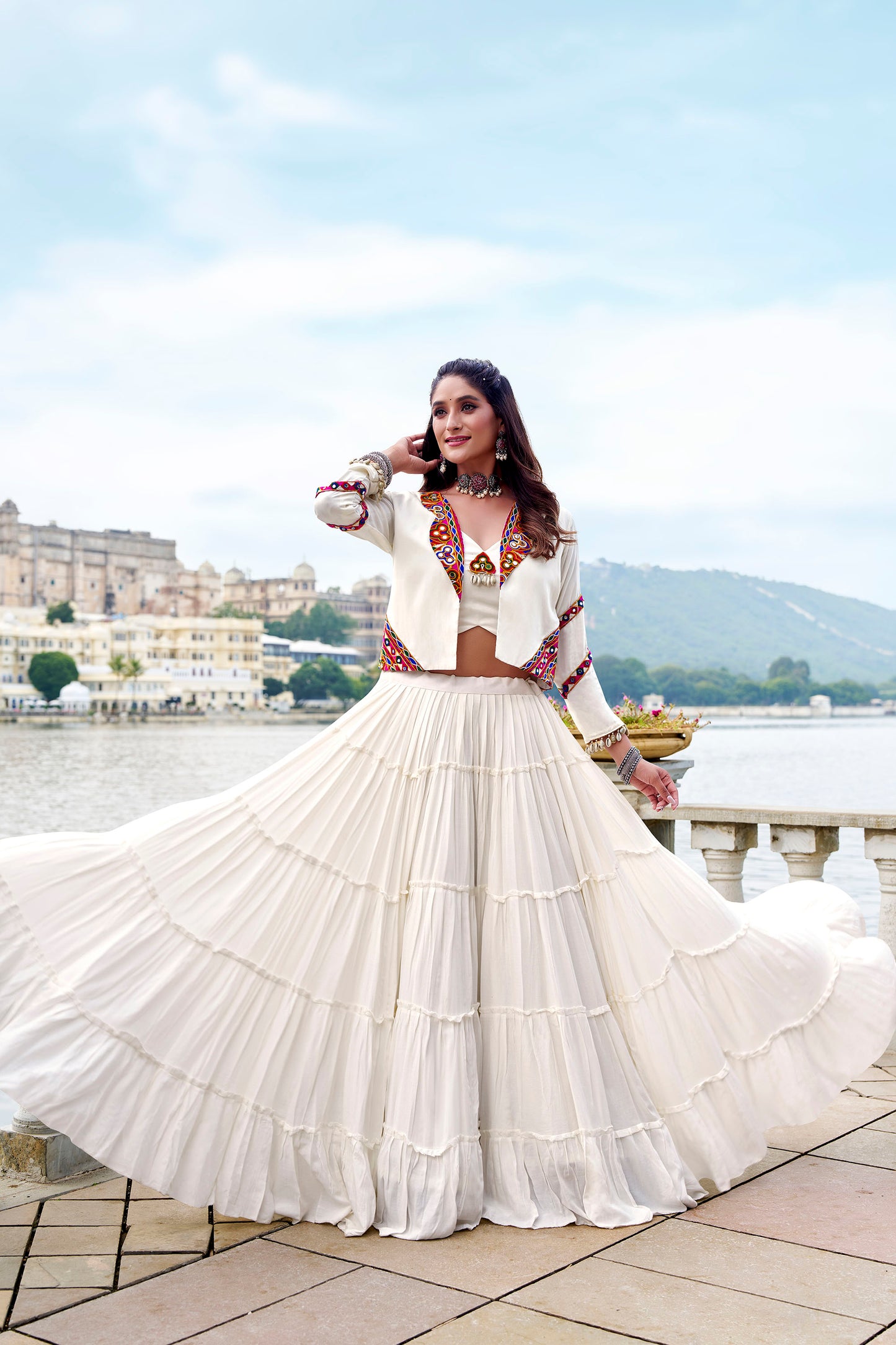 White Rayon Mirror Gamthi Work Navratri Lehenga Choli