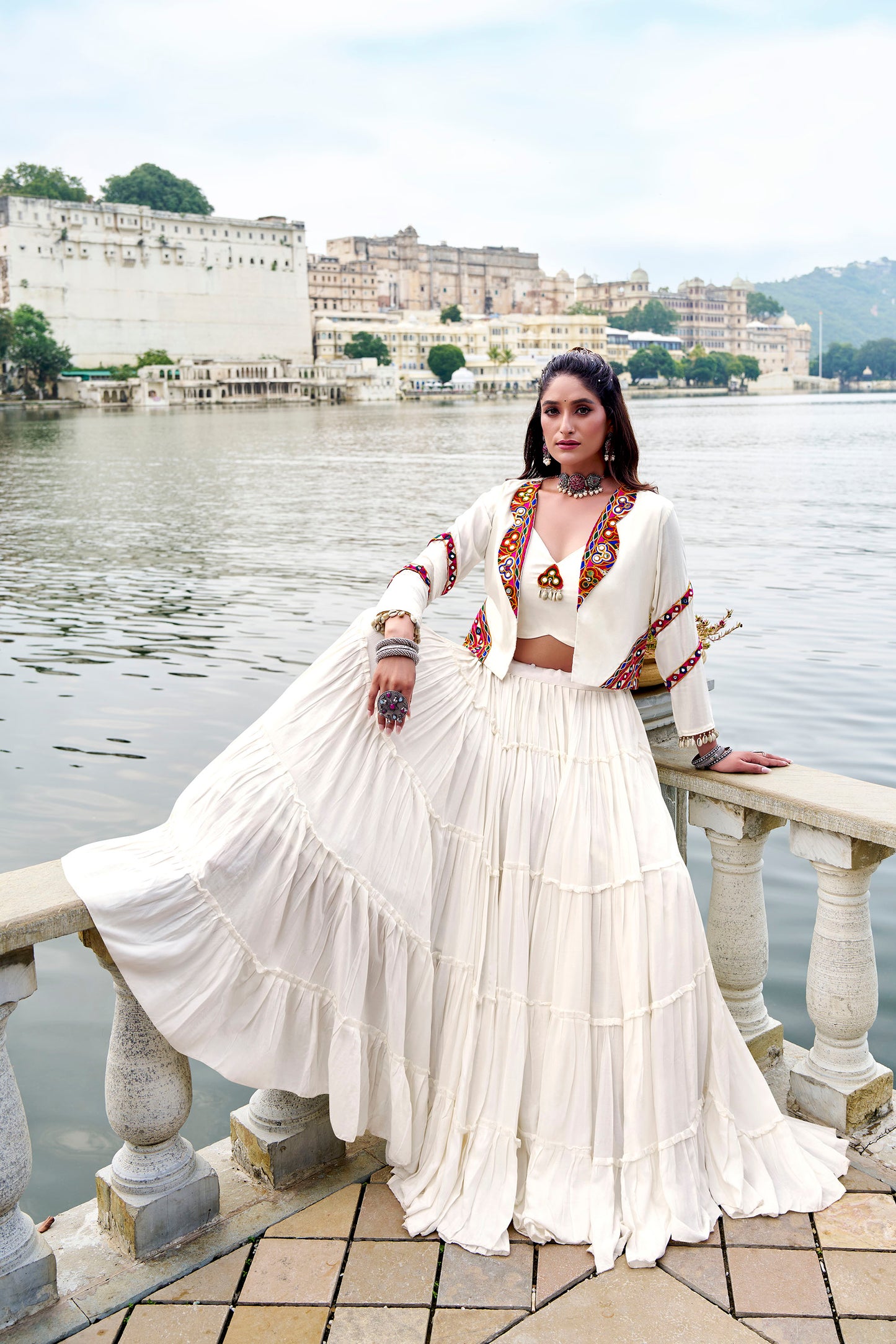 White Rayon Mirror Gamthi Work Navratri Lehenga Choli