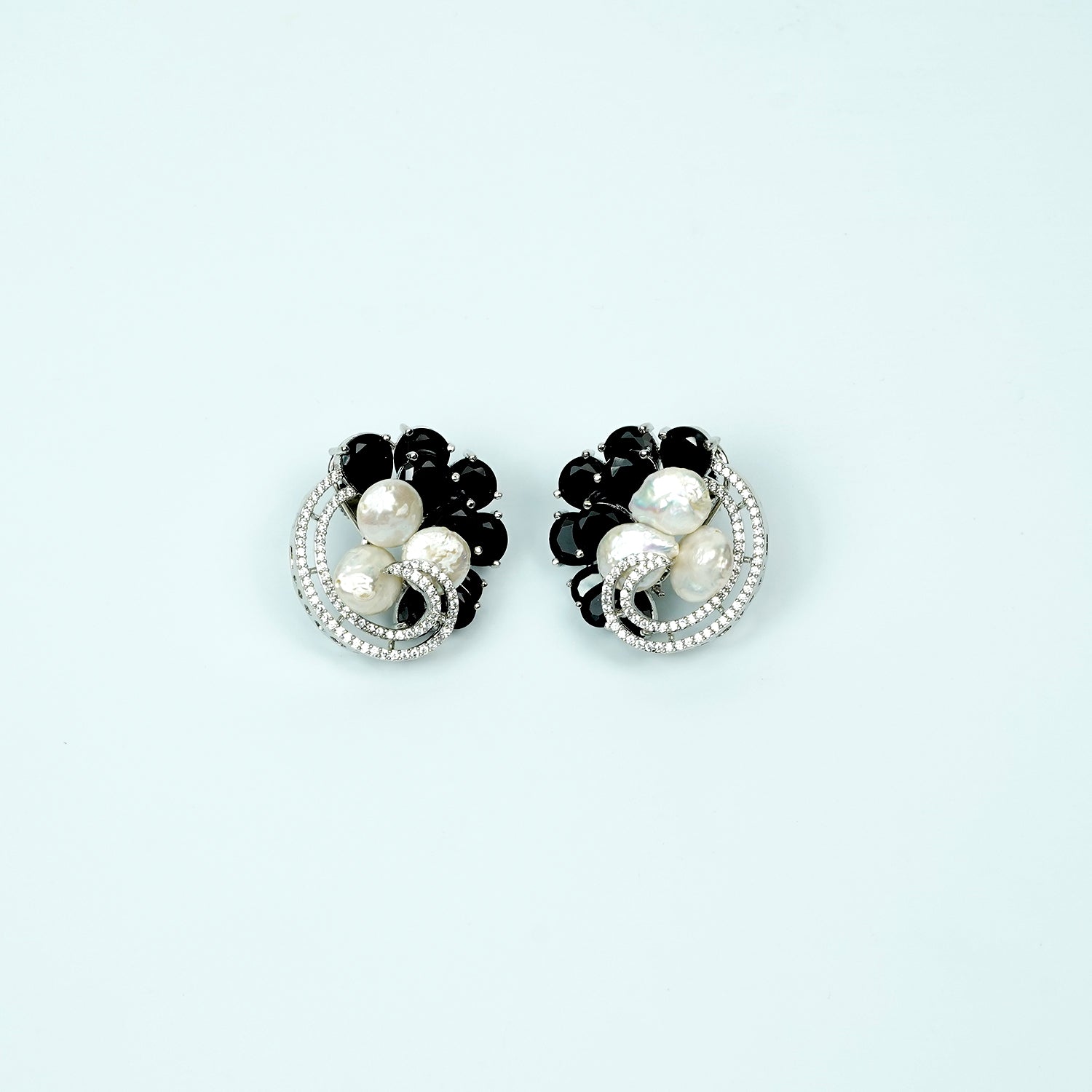 Zevar Club Rhodium-Plated Handcrafted Baroque Pearl & Black Crystal Cubic Zirconia Swirl Stud Earrings