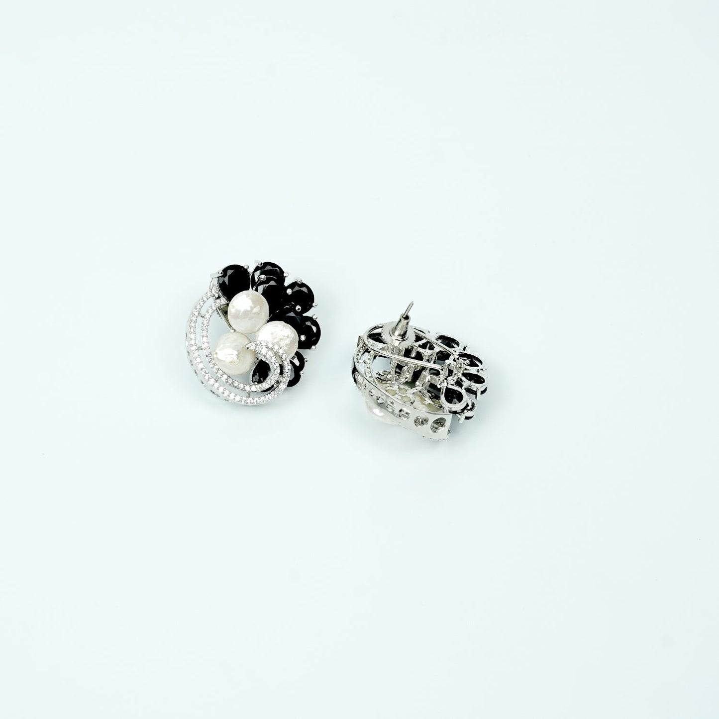 Zevar Club Rhodium-Plated Handcrafted Baroque Pearl & Black Crystal Cubic Zirconia Swirl Stud Earrings