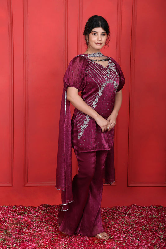 Pansy Purple Heavy Hand Embroidered Puff Sleeves Kurta With Pant & Choker Dupatta