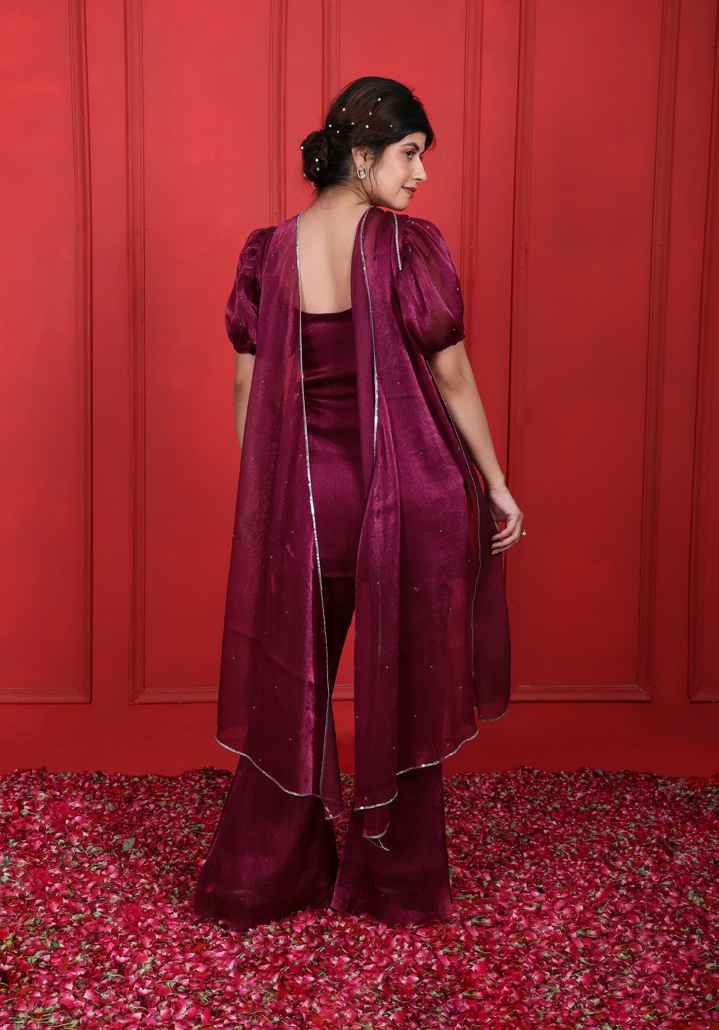 Pansy Purple Heavy Hand Embroidered Puff Sleeves Kurta With Pant & Choker Dupatta