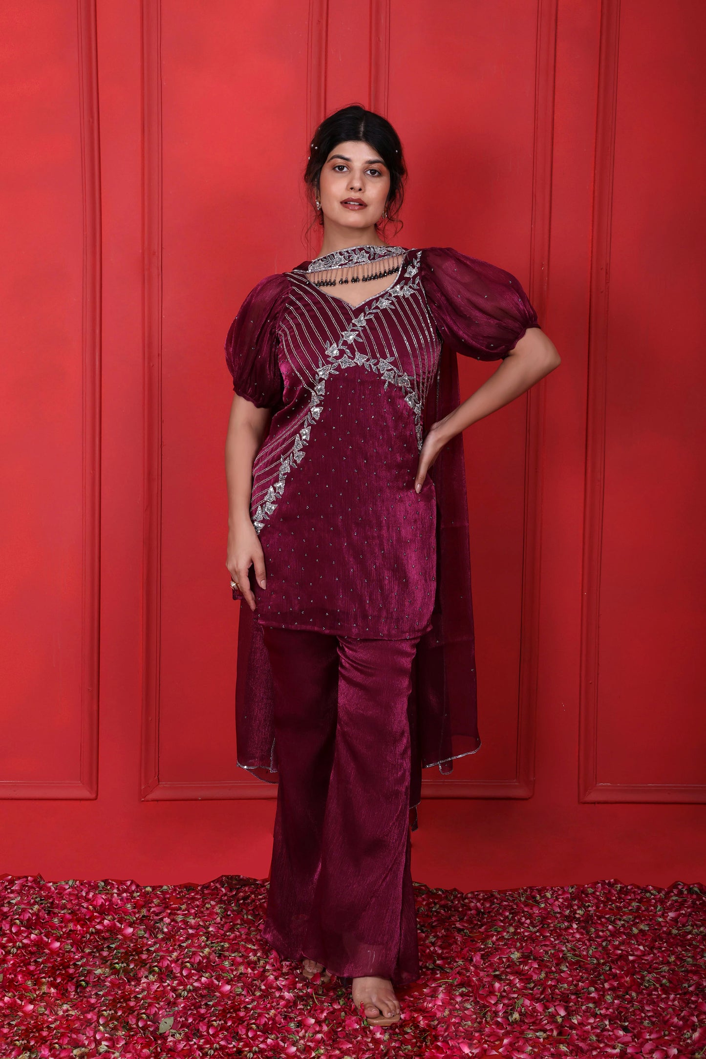 Pansy Purple Heavy Hand Embroidered Puff Sleeves Kurta With Pant & Choker Dupatta