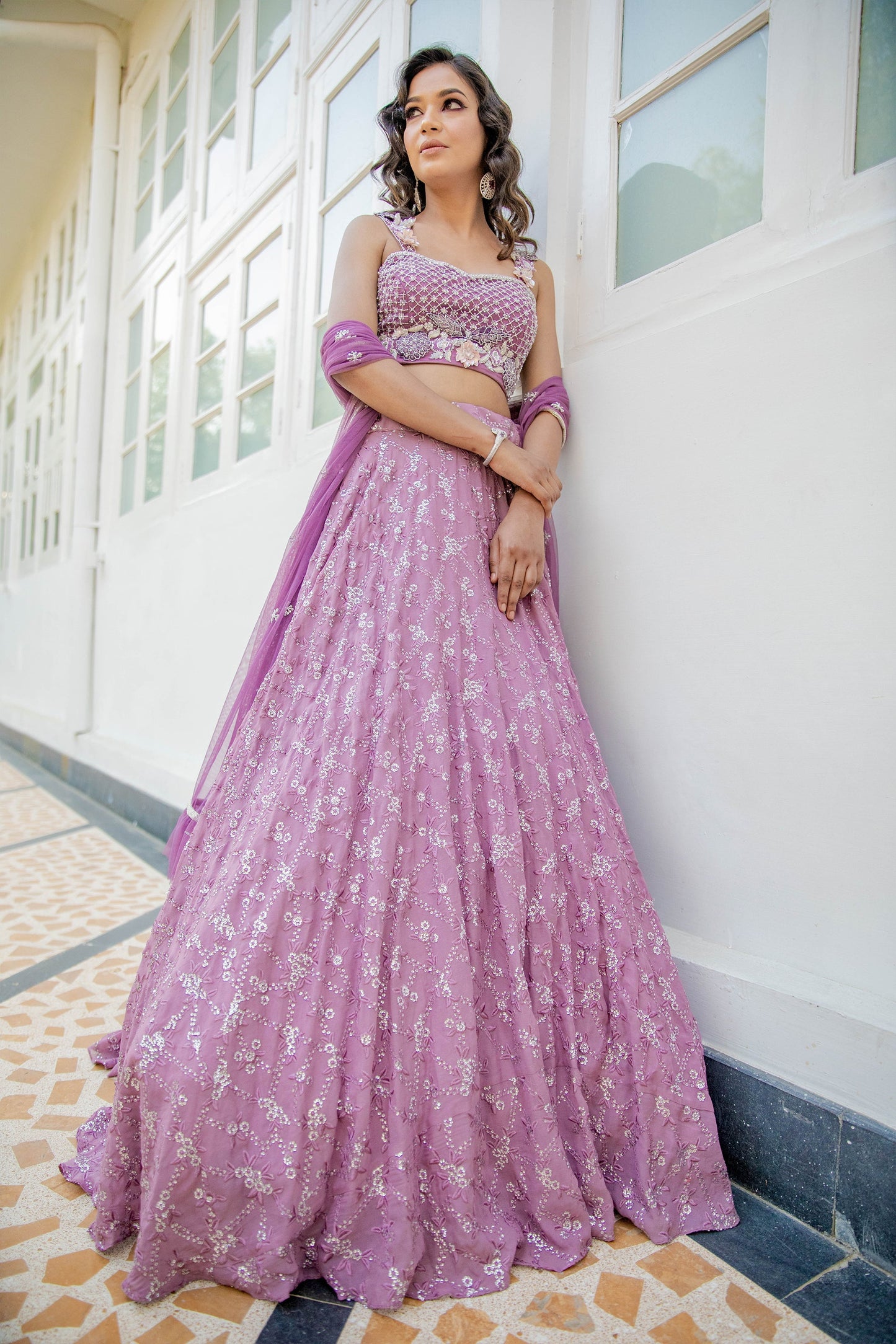 Lavender Beads, Sequin Embroidered Georgette Sangeet Lehenga
