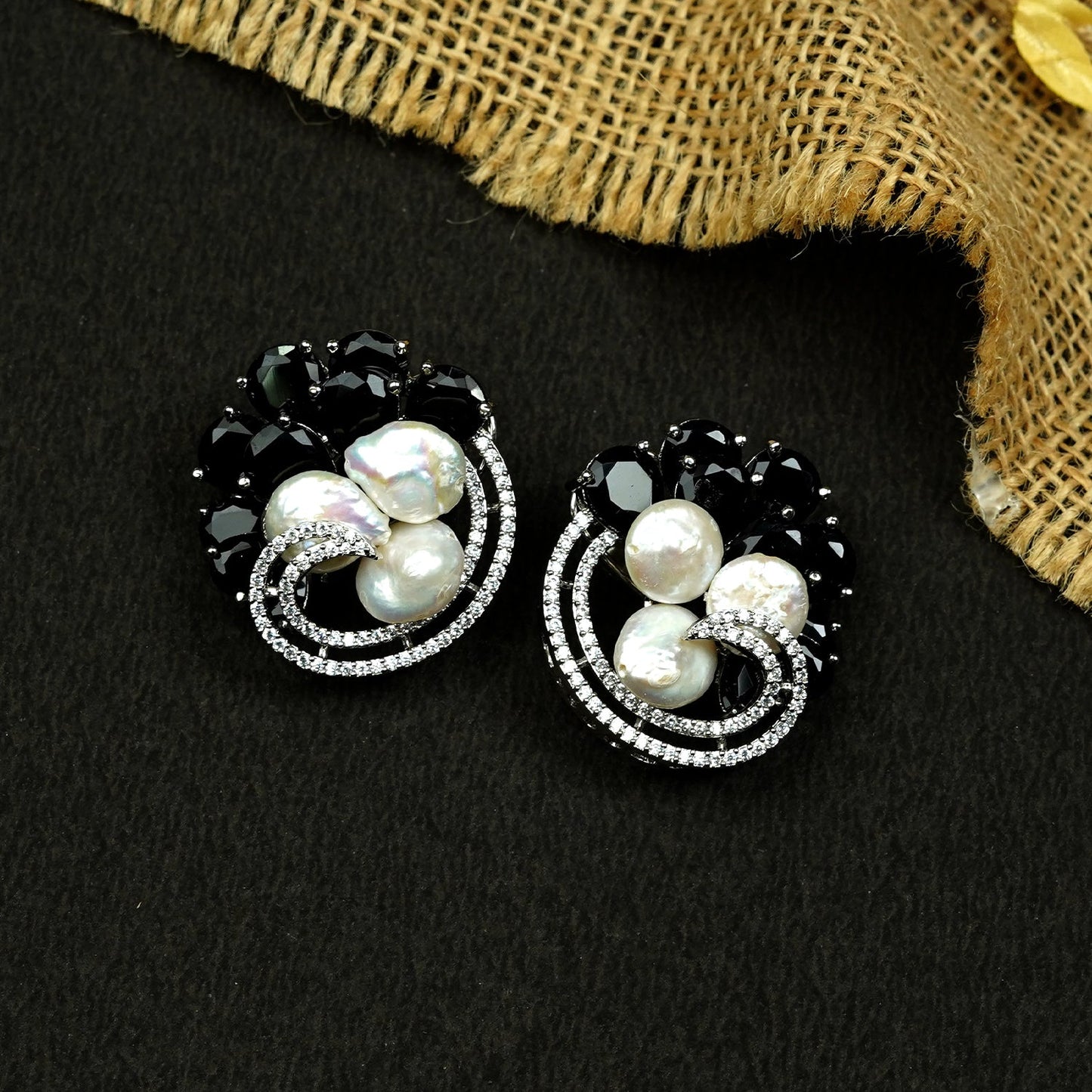 Zevar Club Rhodium-Plated Handcrafted Baroque Pearl & Black Crystal Cubic Zirconia Swirl Stud Earrings