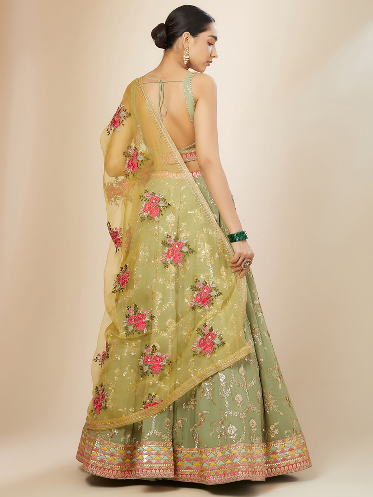 Pista Green & Yellow Georgette Zari & Sequins Work Wedding Guest Lehenga Choli