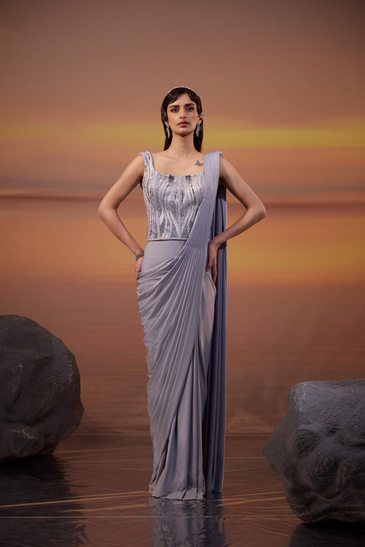 Grey Corset Embellished Drape Saree Set