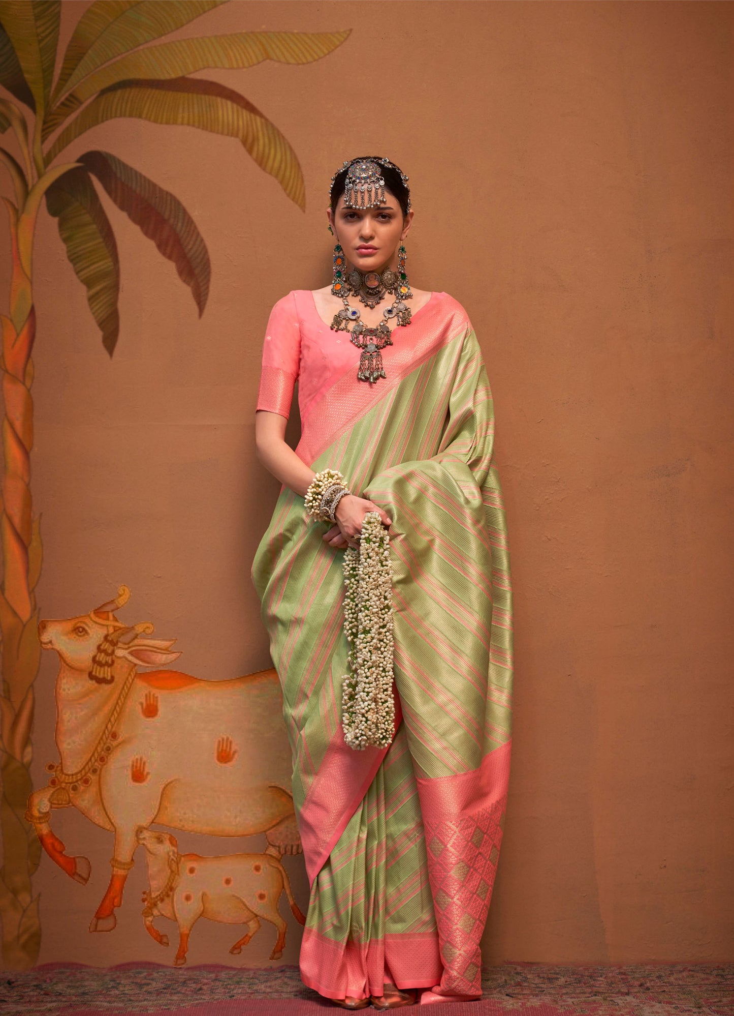 Pink and Light Pistachio Kalamari Handloom Silk Saree
