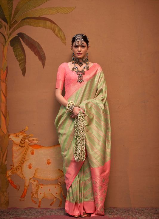 Pink and Light Pistachio Kalamari Handloom Silk Saree