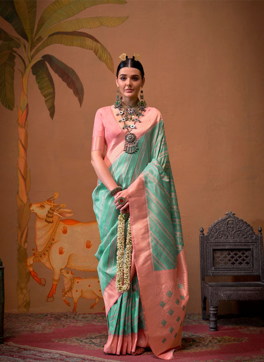 Light pink and mint green Kalamari Handloom Silk Saree