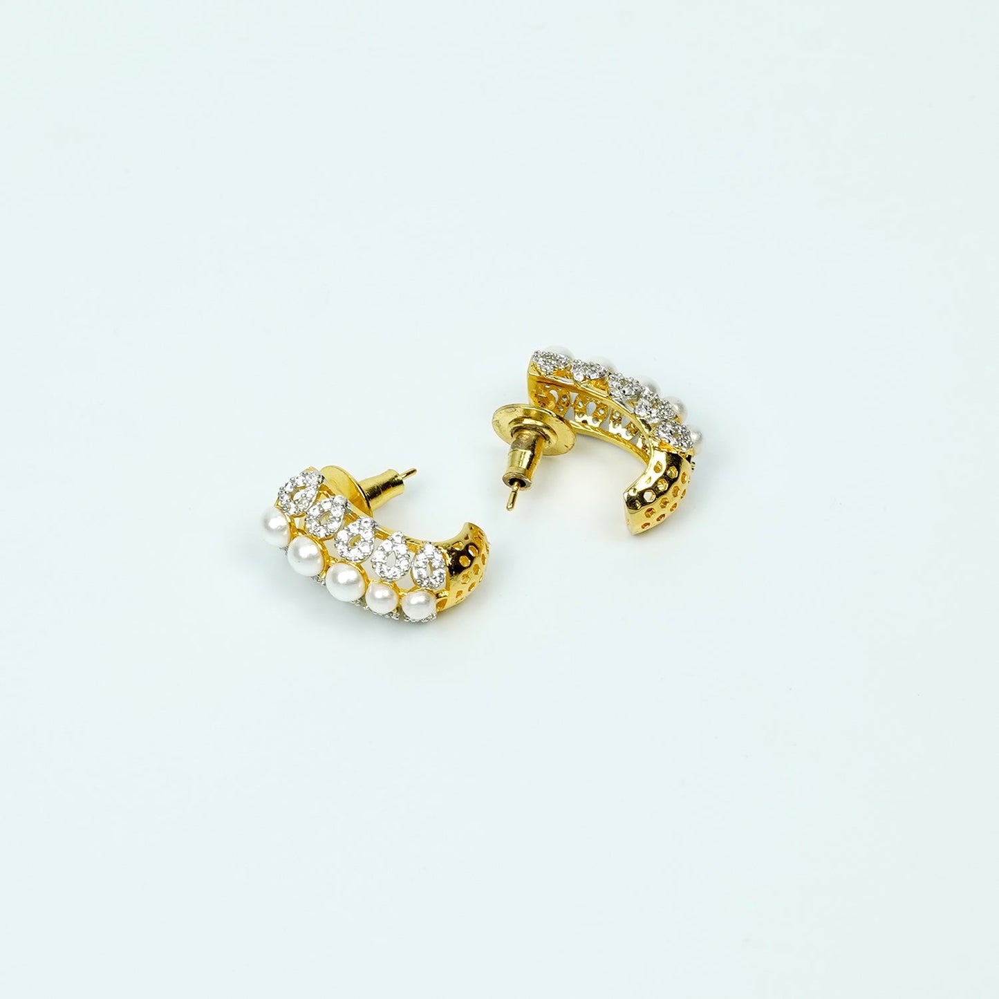 Zevar Club 22K Gold-Plated Handcrafted Cubic Zirconia & Pearl Studded Huggie Hoop Earrings