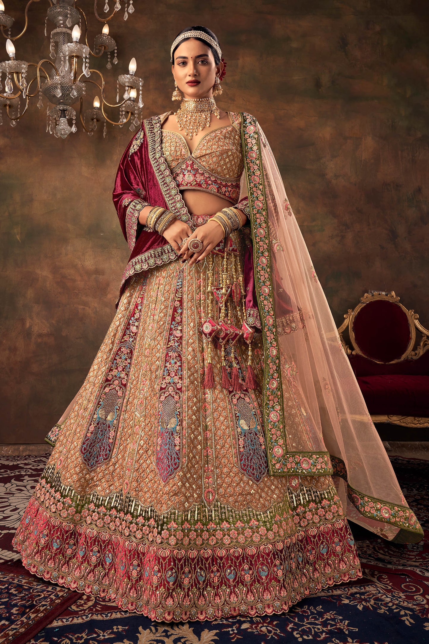 Biscuit Color Velvet Zarkan Hand Embroidered Heavy Bridal Lehenga with Double dupatta