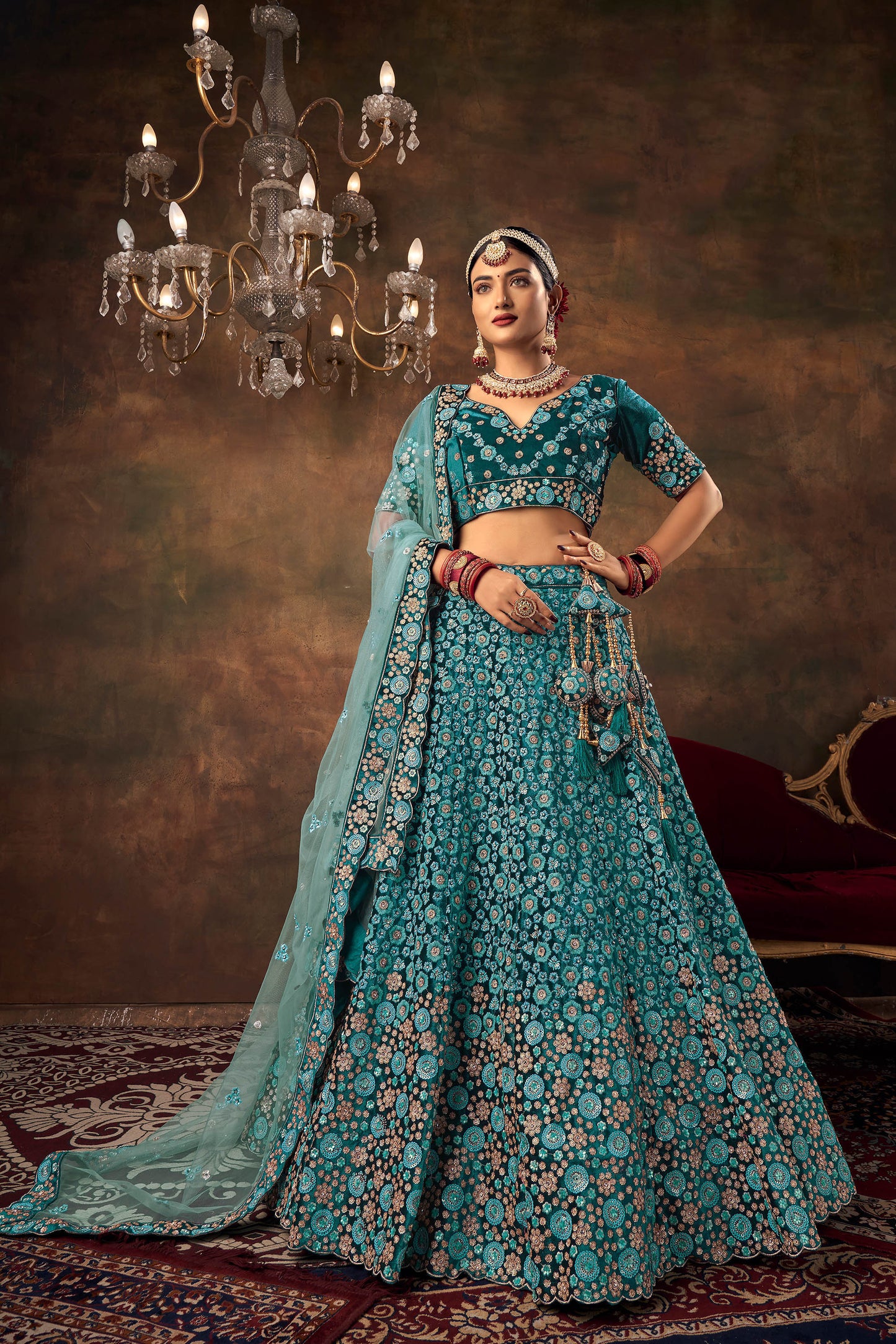Rama Velvet Hand Embroidered Heavy Bridal Lehenga with Net Dupatta