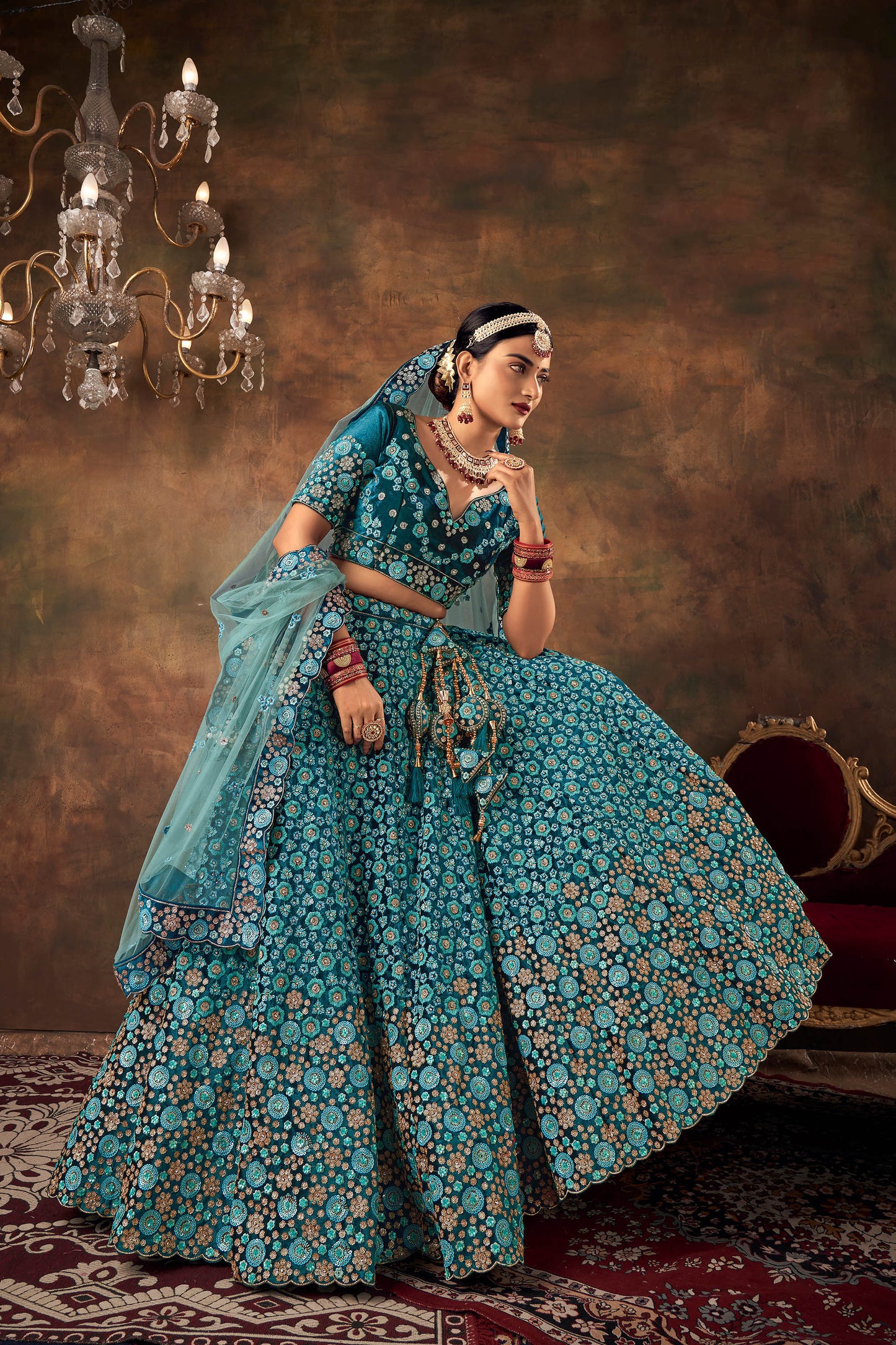 Rama Velvet Hand Embroidered Heavy Bridal Lehenga with Net Dupatta